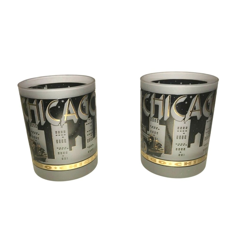 CHICAGO Tumblers SOUVENIR Gold and Black w Frosted Glass